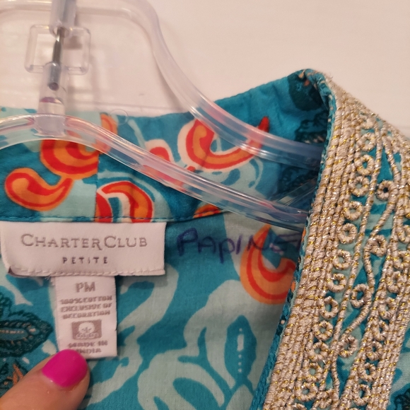 Charter Club Women's V-Neck Lace embroidered green cotton Tunic Top shirt MP - Picture 4 of 6